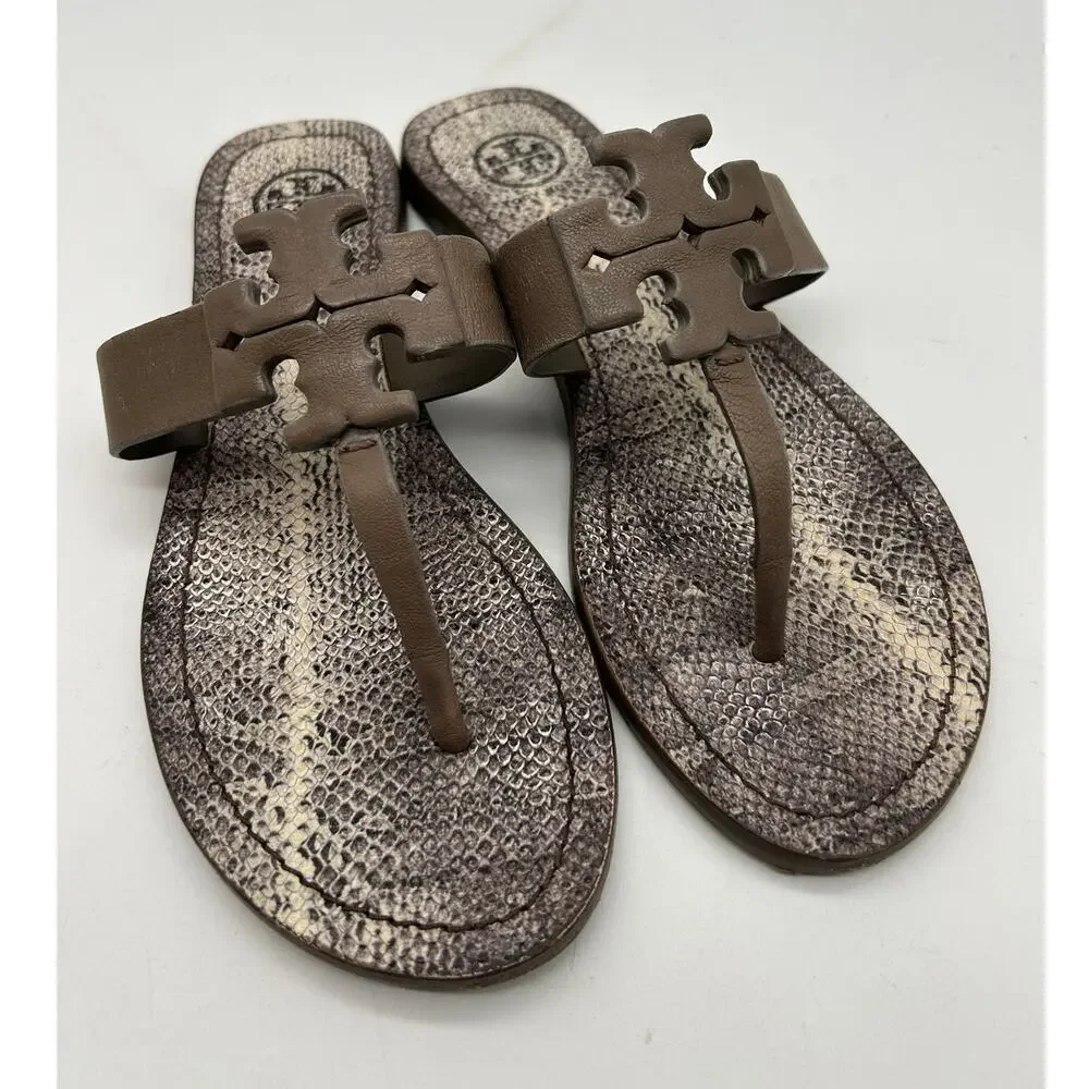 Tory Burch Miller Embossed Leather Snake Print Thong Sandal Logo Size 6 Designer